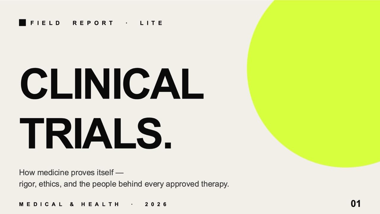 Clinical trials — 8-Slide Industry-Specific Presentation Template (Neon-Minimalist, High-Contrast, Impactful Style)
