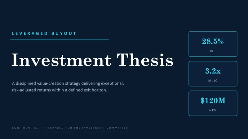 LBO Investment Thesis — 12-Slide Industry-Specific Presentation Template (Dark mode Style)