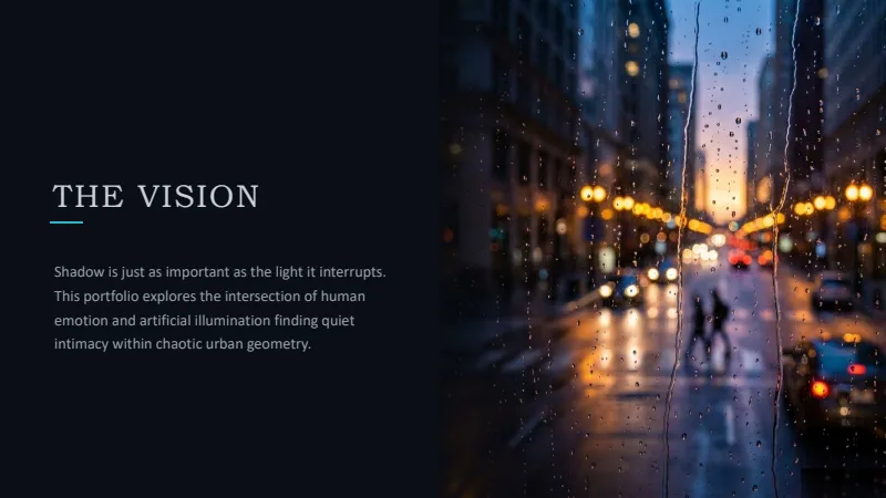 Urban Nocturne Photography Portfolio — 12-Slide Creative & Portfolio Presentation Template (Dark Moody & Cinematic Style) — slide 2