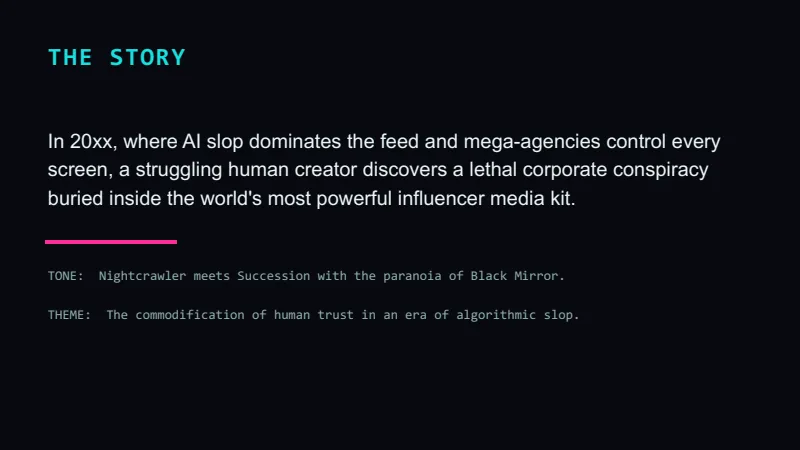 Thriller Pitch Deck — 7-Slide Creative & Portfolio Presentation Template (Dark Cyberpunk  Style) — slide 2