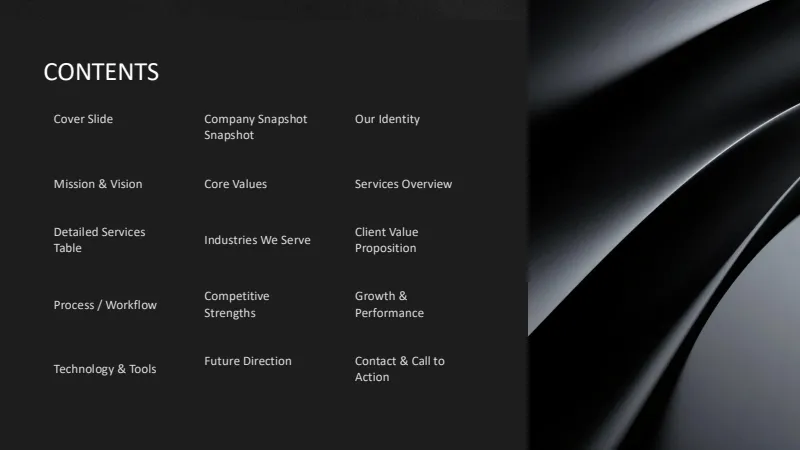 Company Introduction — 18-Slide Business & Corporate Presentation Template (dark minimal Style) — slide 2